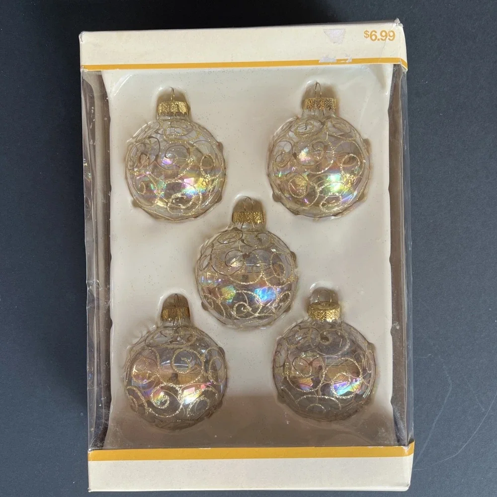 VTG Garden Ridge Glass Ball Gold Glitter Iridescent Stenciled Ornaments Set 5